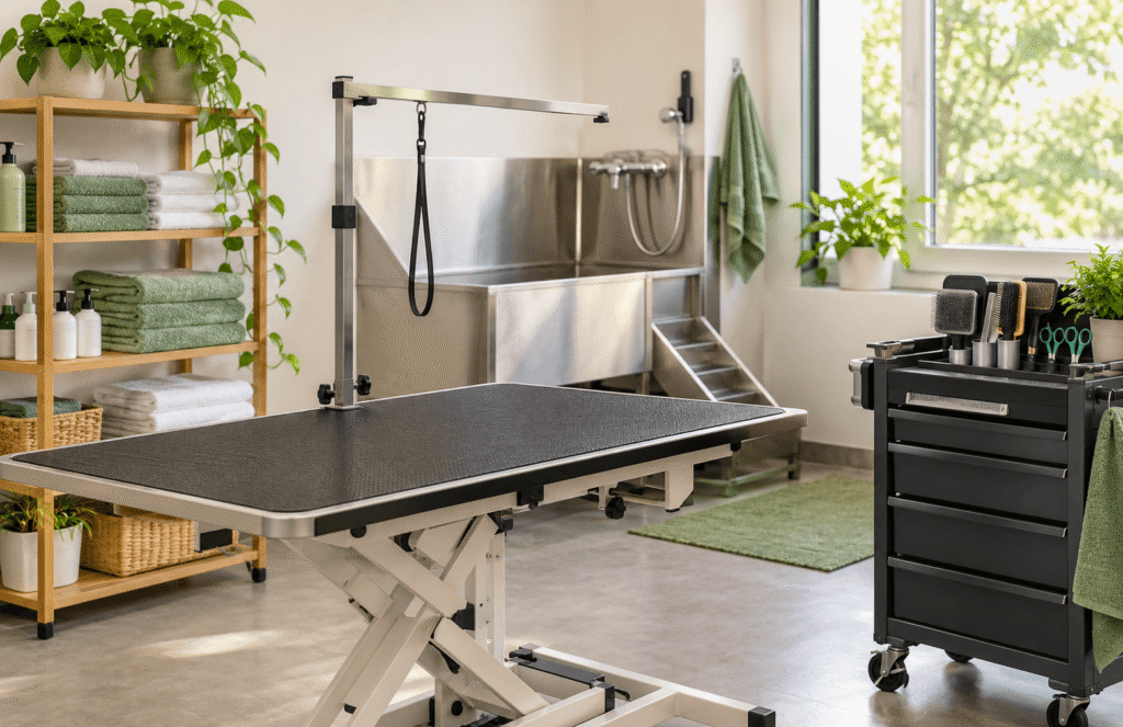 ambiente organizado para banho e tosa; materiais de grooming limpos